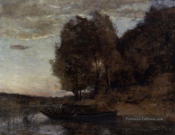 Pêcheur canotage long a boisé paysage plein air romantisme jean baptiste camille corot Peinture à l'huile